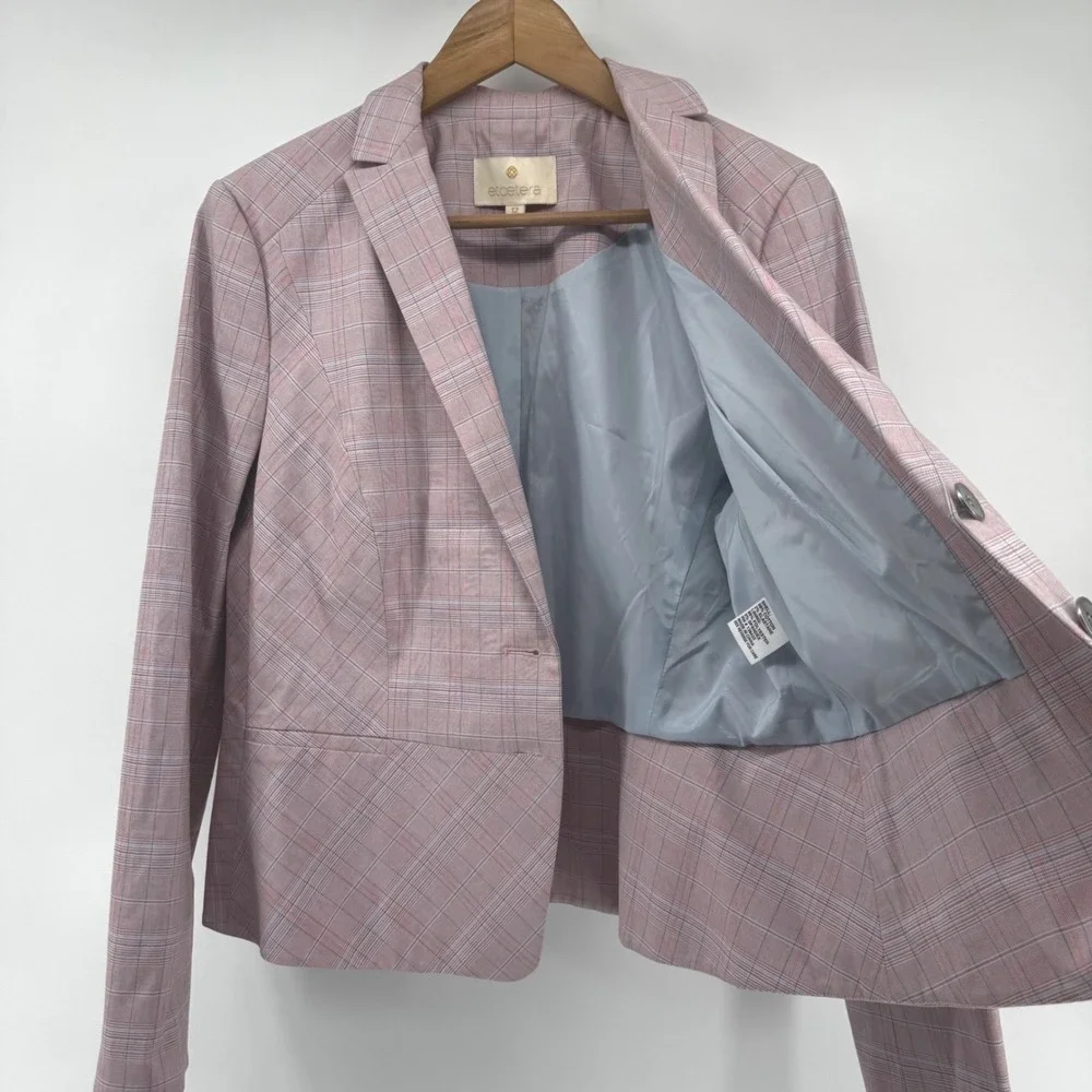 Etcetera Plaid Cotton Blazer Women's 12 Pink Blue Tailored Stretch Career Office